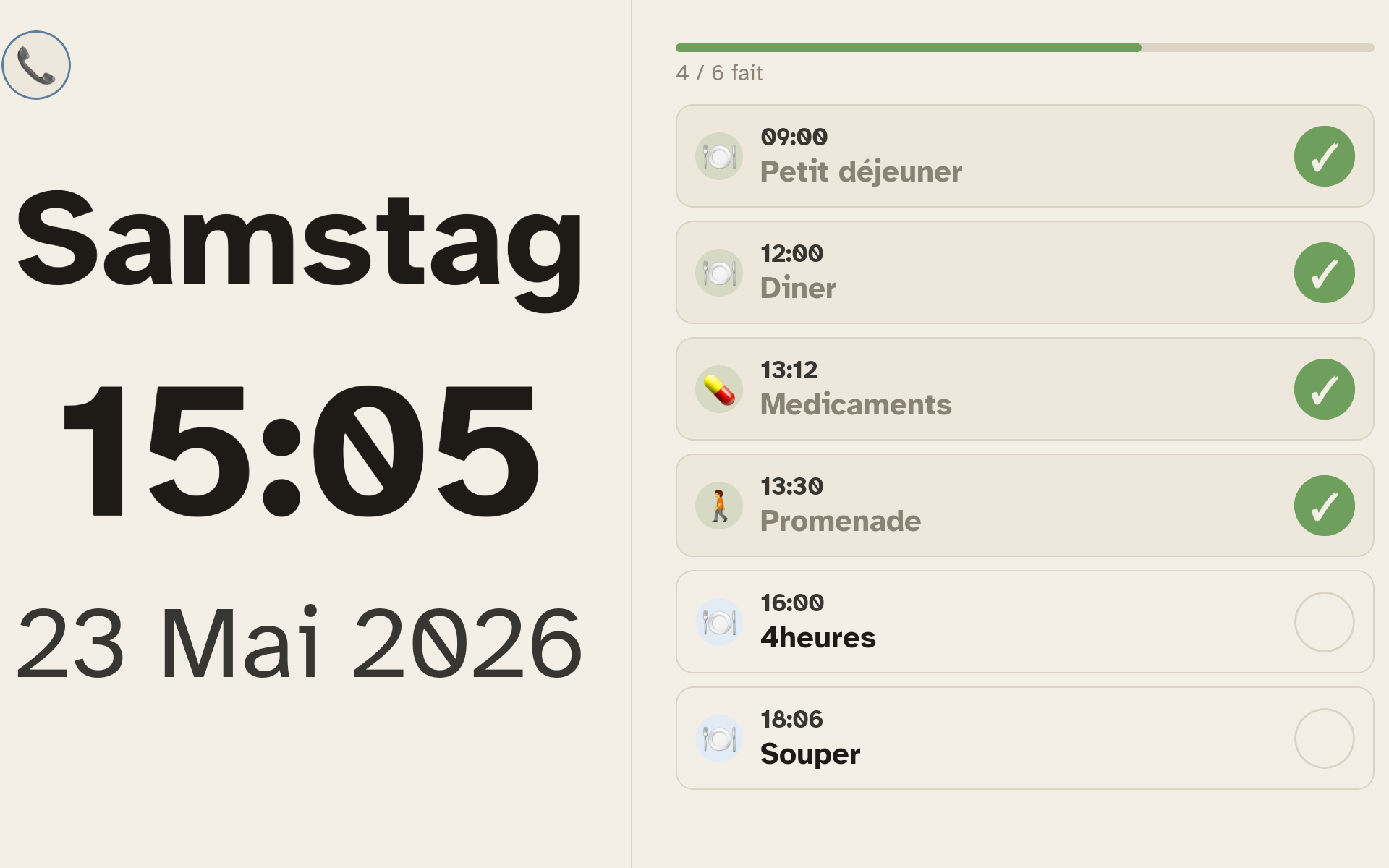 Tablette Ally Display + Ally Companion affichant la routine du jour : 9 sur 11 tâches faites, prochaine étape Souper en retard.