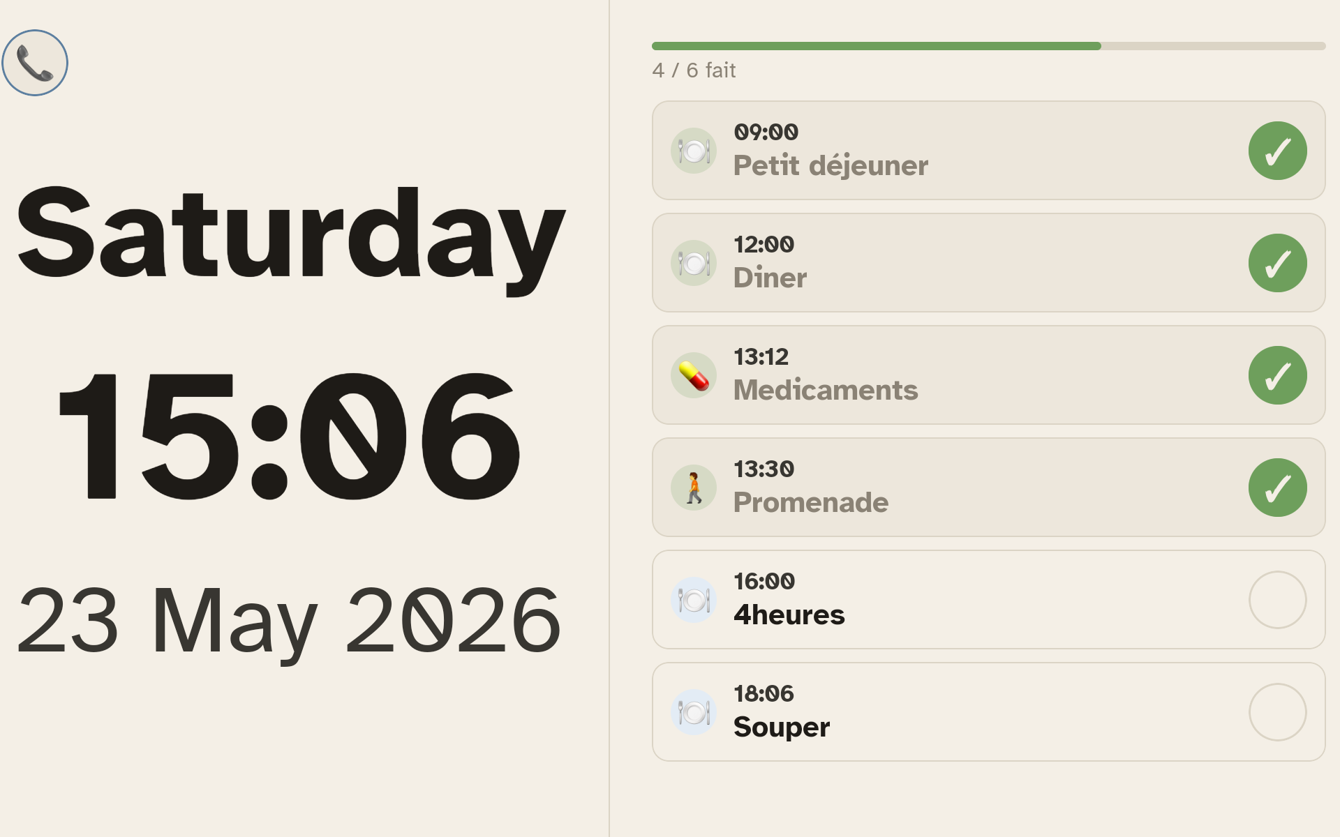 Tablette Ally Display + Ally Companion affichant la routine du jour : 9 sur 11 tâches faites, prochaine étape Souper en retard.