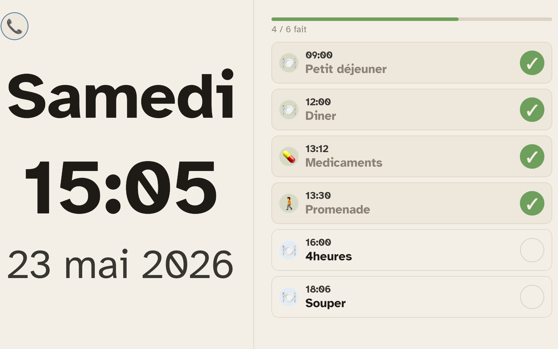 Tablette Ally Display + Ally Companion affichant la routine du jour : 9 sur 11 tâches faites, prochaine étape Souper en retard.