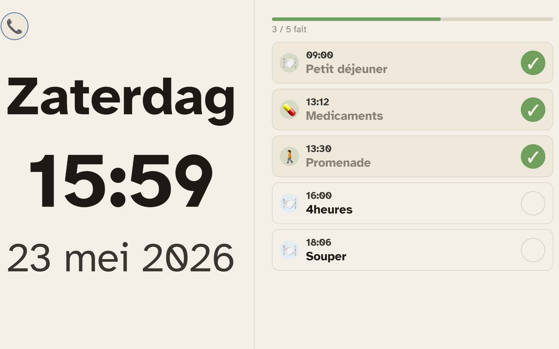 Tablette Ally Display + Ally Companion affichant la routine du jour : 9 sur 11 tâches faites, prochaine étape Souper en retard.