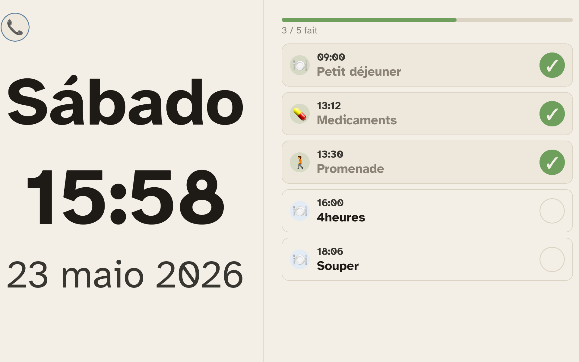 Tablette Ally Display + Ally Companion affichant la routine du jour : 9 sur 11 tâches faites, prochaine étape Souper en retard.