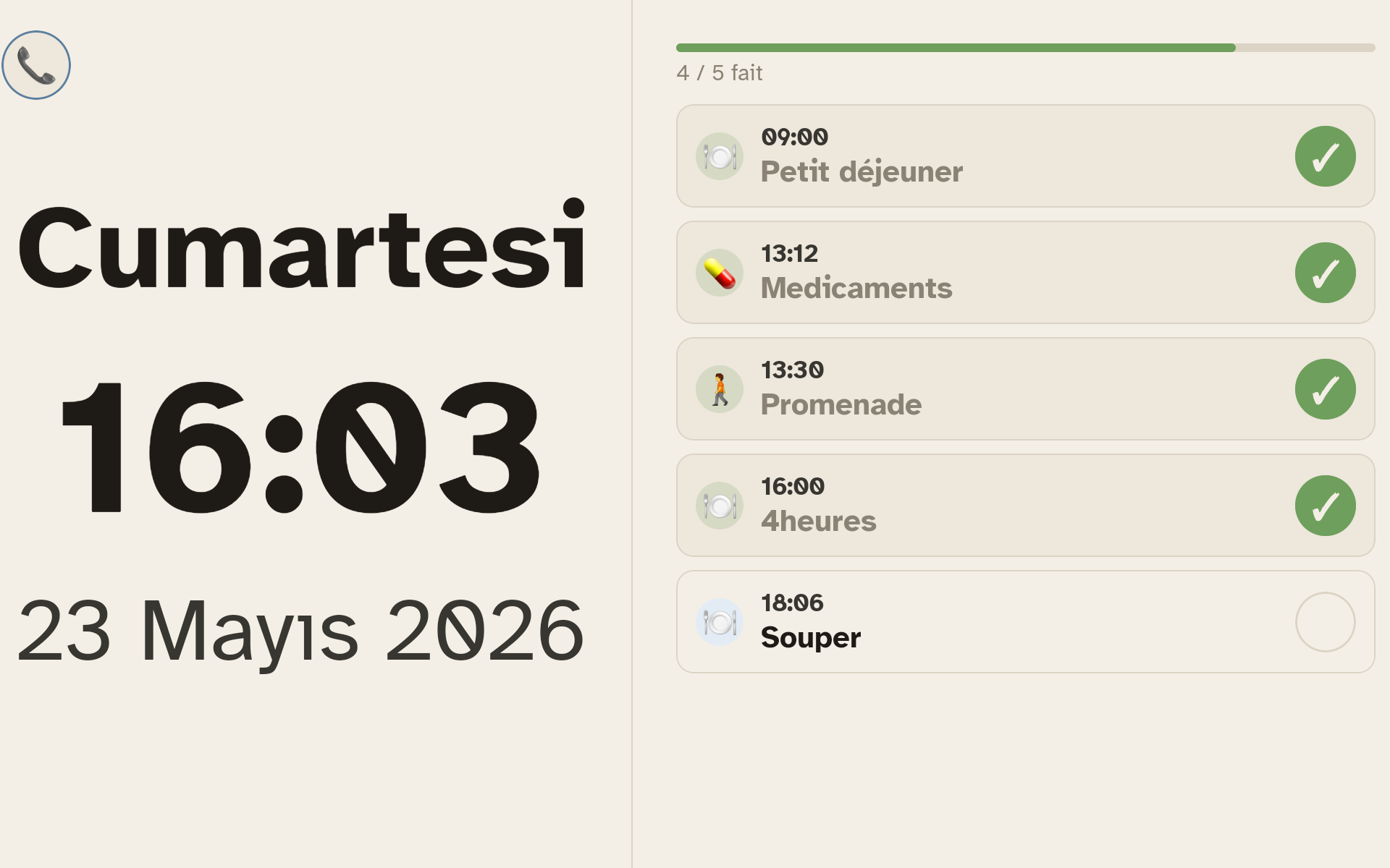 Tablette Ally Display + Ally Companion affichant la routine du jour : 9 sur 11 tâches faites, prochaine étape Souper en retard.