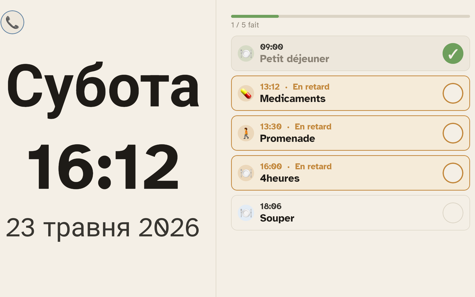 Tablette Ally Display + Ally Companion affichant la routine du jour : 9 sur 11 tâches faites, prochaine étape Souper en retard.