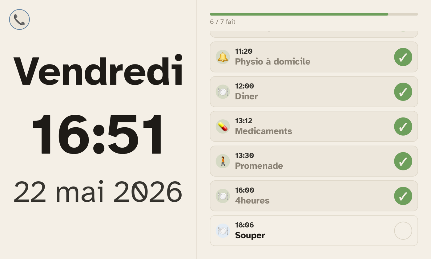L'écran d'accueil de la tablette : l'heure et la date en grand, et les routines du jour avec leur progression.