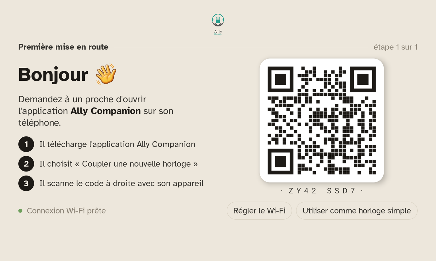 L'écran de couplage de la tablette : « Bonjour », les trois étapes et le code QR à scanner.