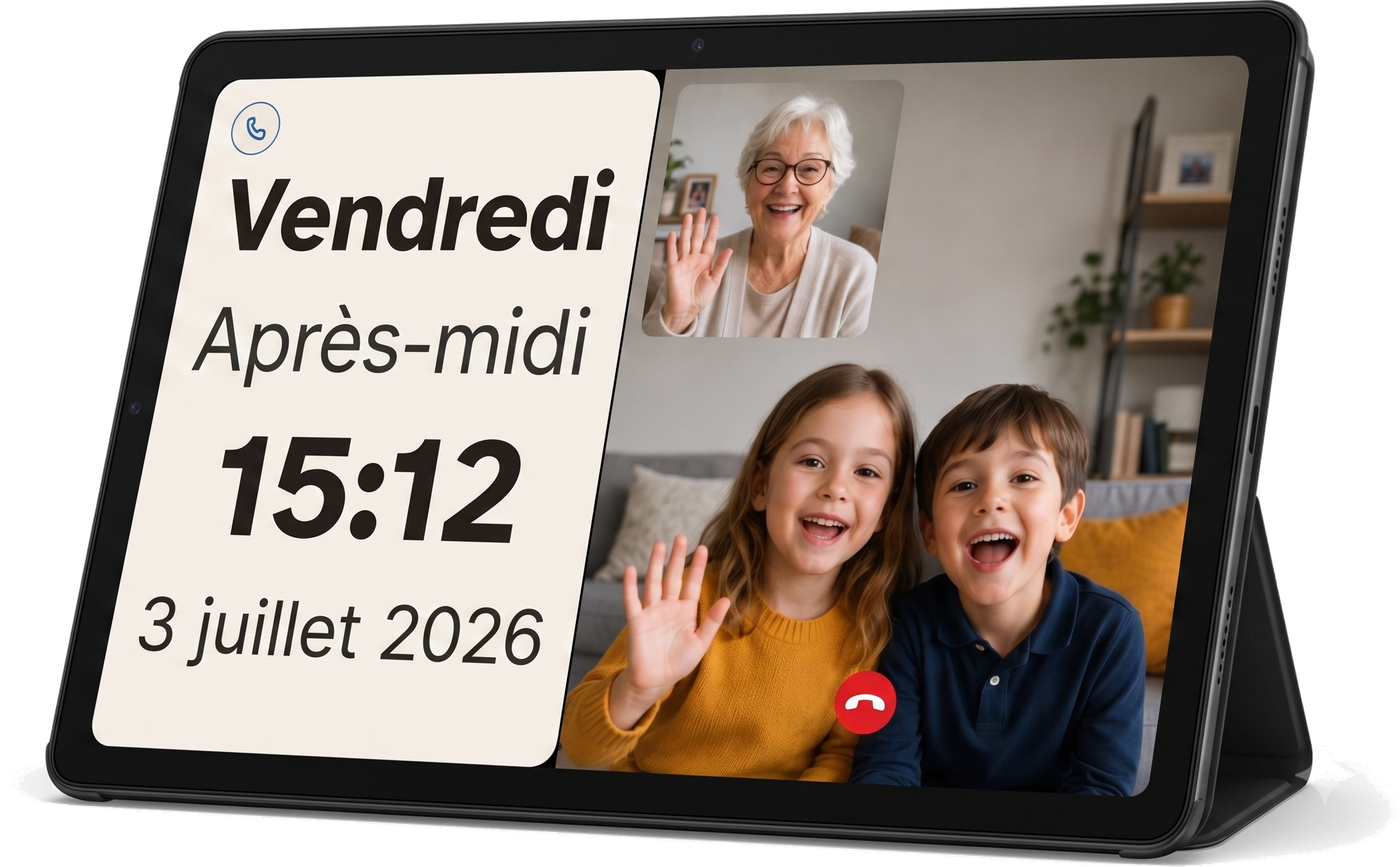La tablette Ally Display sur son support, en appel vidéo : la grand-maman et ses petits-enfants se font coucou, à côté de l'heure du vendredi après-midi.