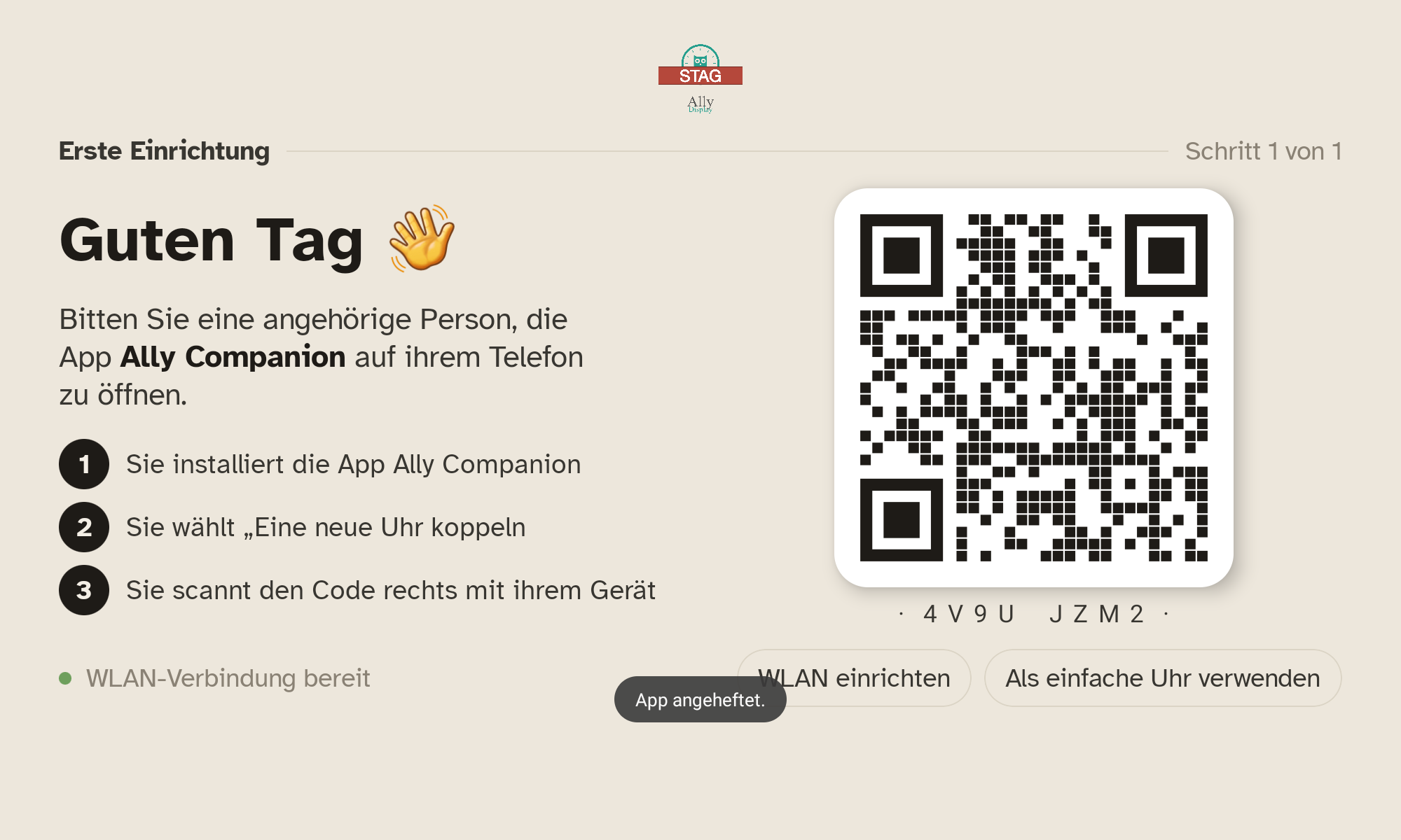 Der Kopplungs-Bildschirm des Tablets: „Hallo“, die drei Schritte und der zu scannende QR-Code.