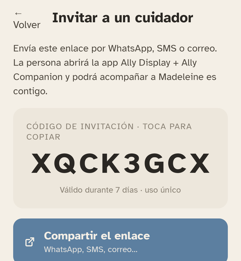 La pantalla «Invitar a una persona» de Ally Companion: el código de invitación de 8 caracteres.