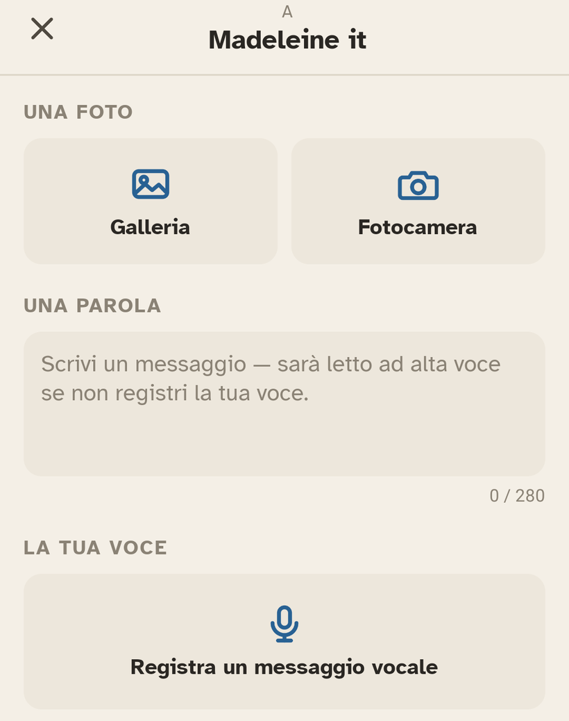 La schermata di invio di Ally Companion: la scelta della foto, il campo del messaggio, e il pulsante per registrare la voce.