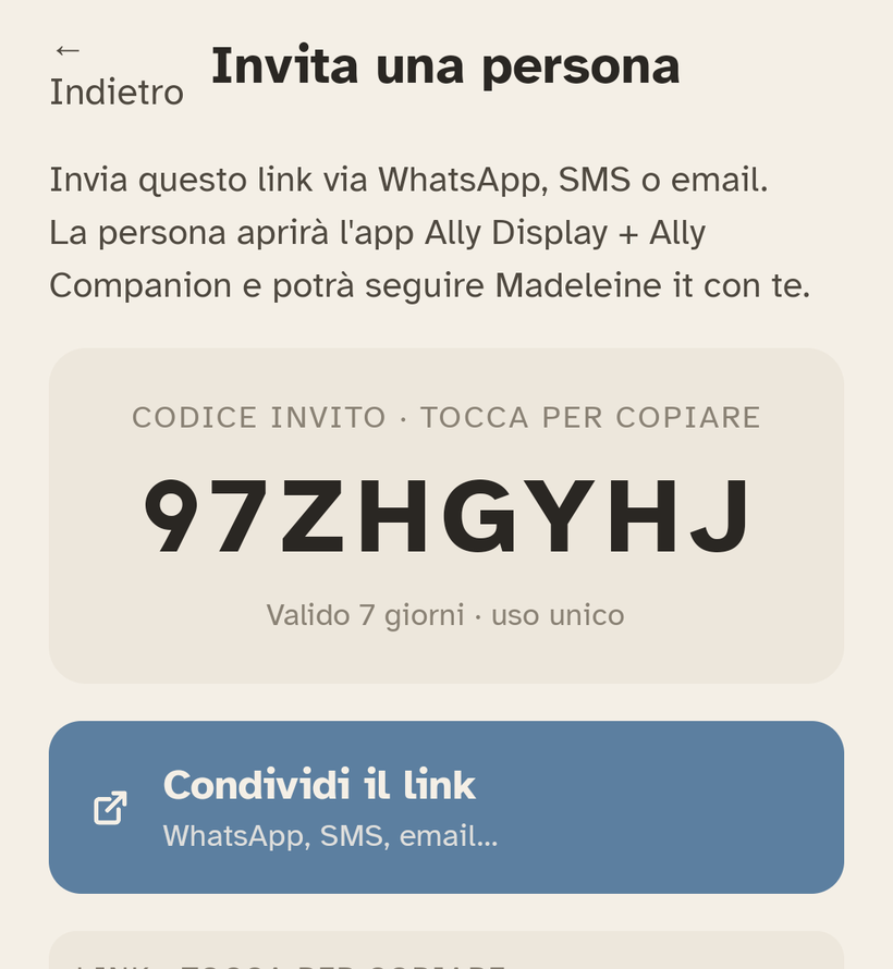 La schermata « Invitare una persona » di Ally Companion: il codice d'invito di 8 caratteri.
