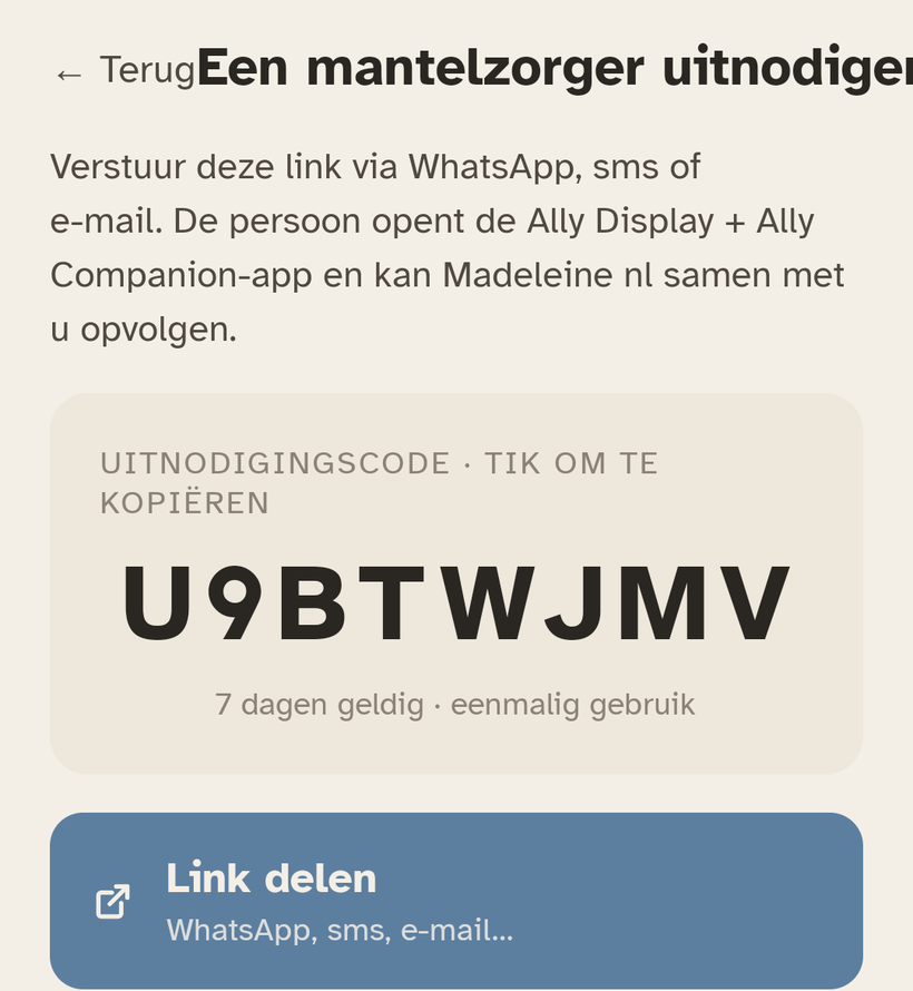 Het scherm « Iemand uitnodigen » in Ally Companion: de uitnodigingscode van 8 tekens.