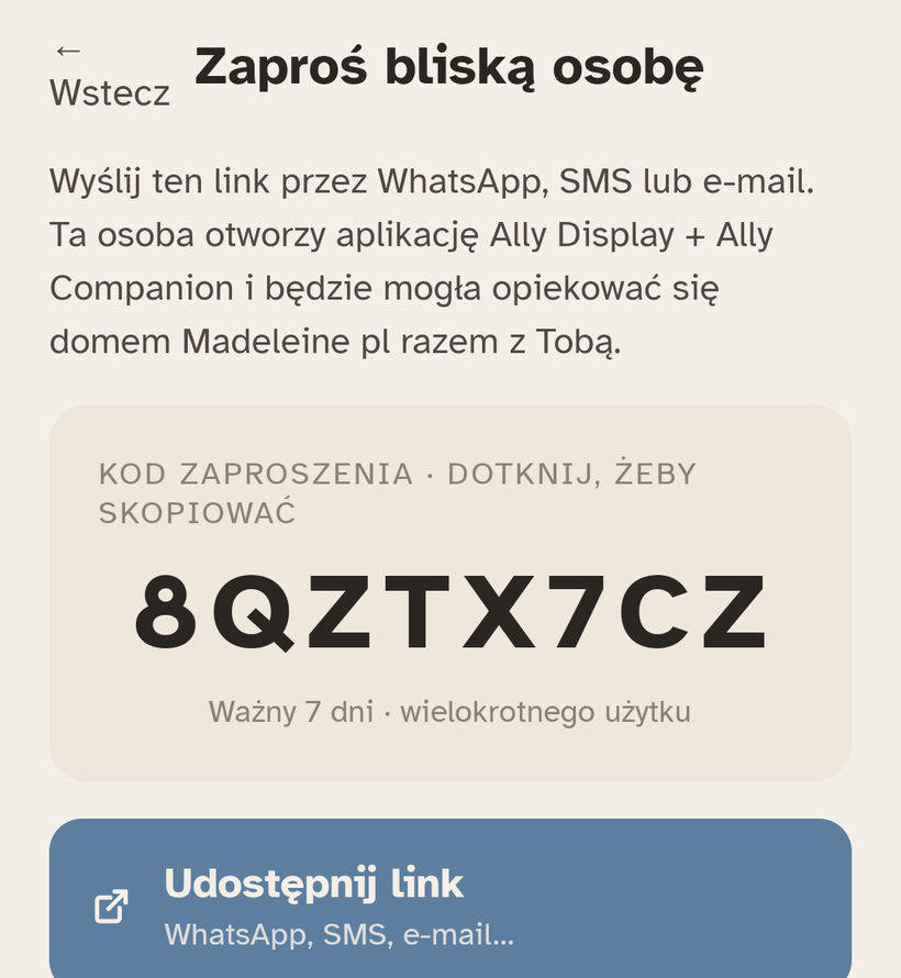 Ekran „Zaproś osobę” w Ally Companion: kod zaproszenia z 8 znaków.