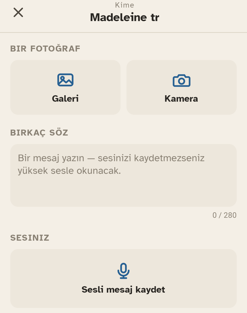 Ally Companion'ın gönderme ekranı: fotoğraf seçimi, mesaj alanı ve sesi kaydetme düğmesi.